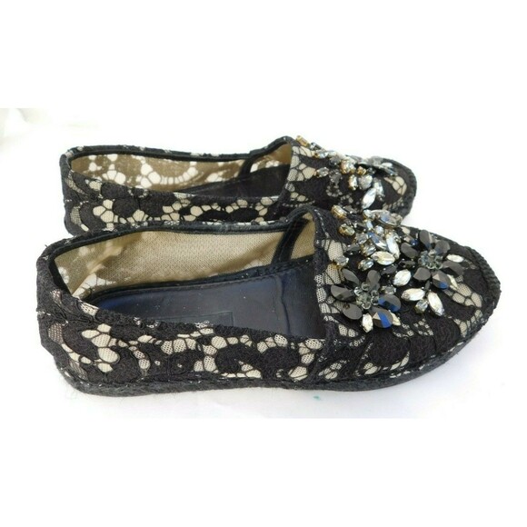 Espadrilles Dolce & Gabbana Black Embellished Crystal Lace Espadrille Flats SZ 6 - Picture 5 of 11